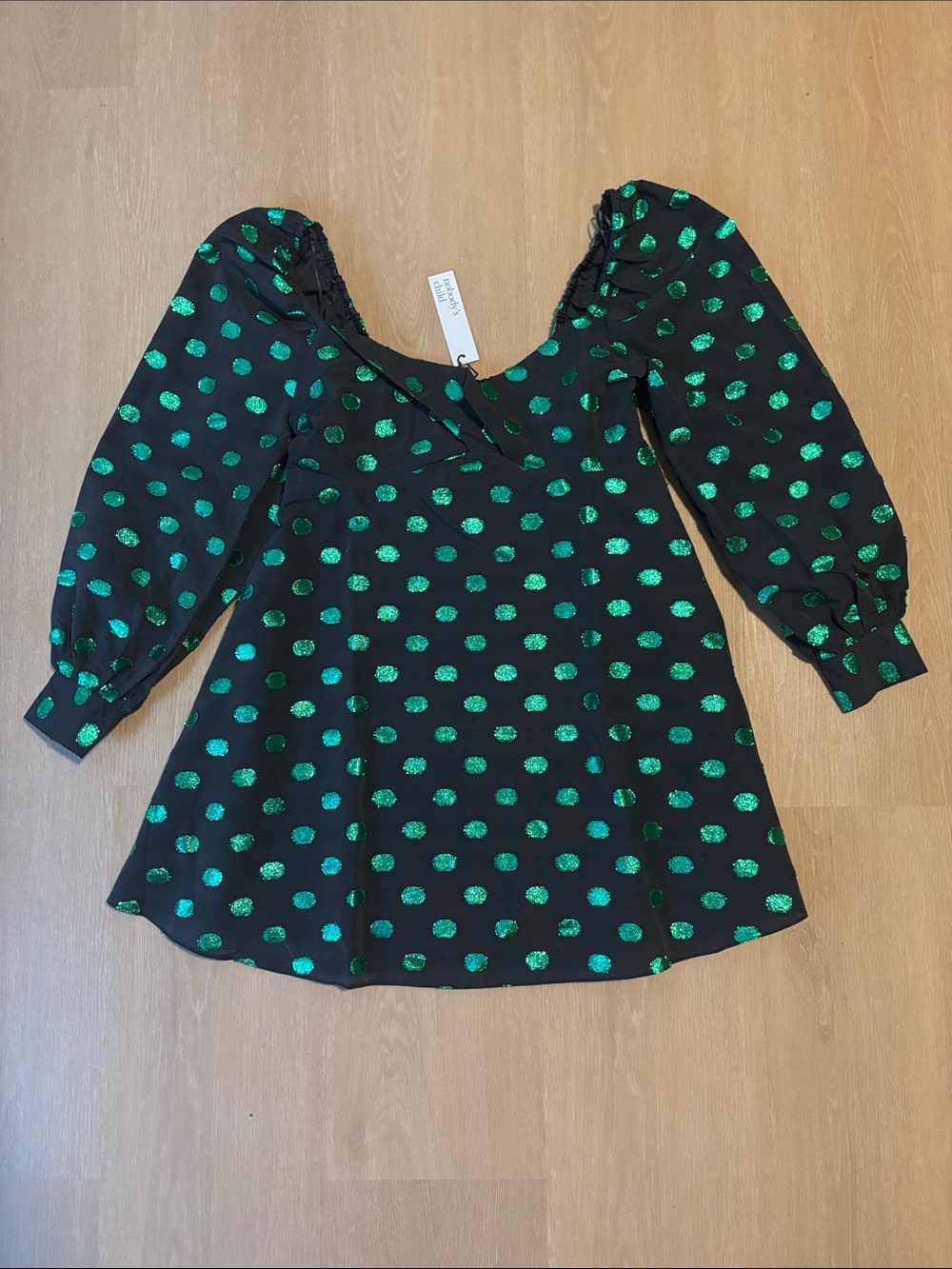 NWT Nobody's Child Mary Babydoll Mini Dress Black with Green Polka Dot size 8